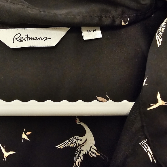 Reitmans satin blouse | SZ Medium | black dress shirt with cranes - Picture 3 of 5